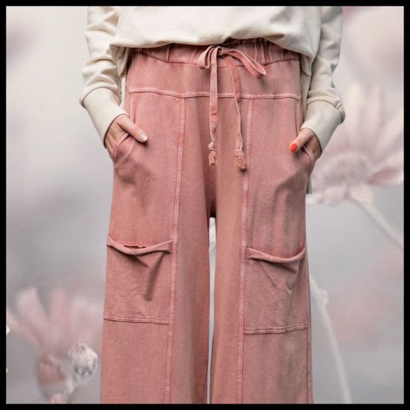 EASEL "Perfect Cargo" Terry Knit Mineral Washed Flared Leg Pants Raw Hem & Seams - Picture 14 of 14